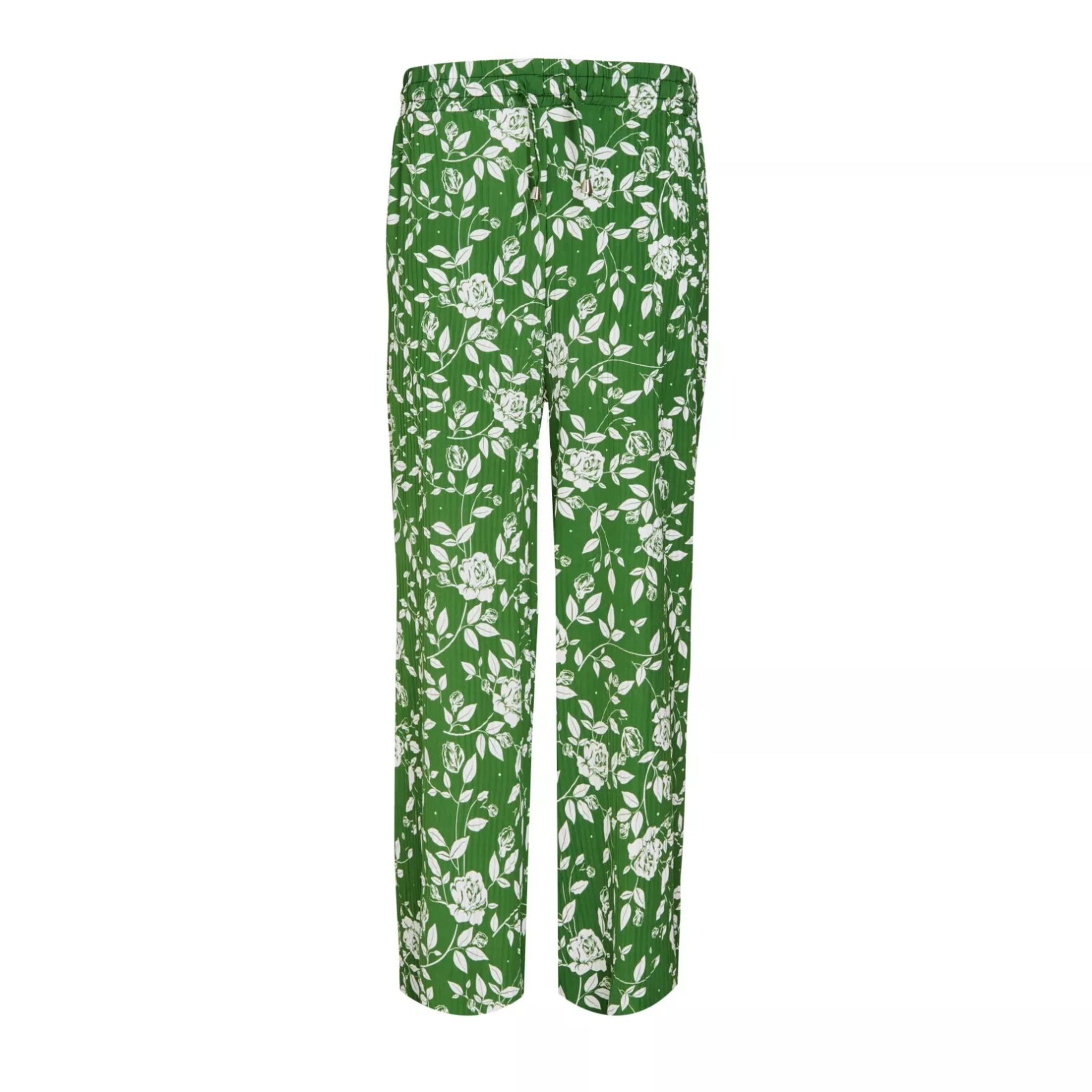Ladies Soft Touch Green Palazzo Trousers with White Floral Design – Comfortable Wide Leg Summer Pants